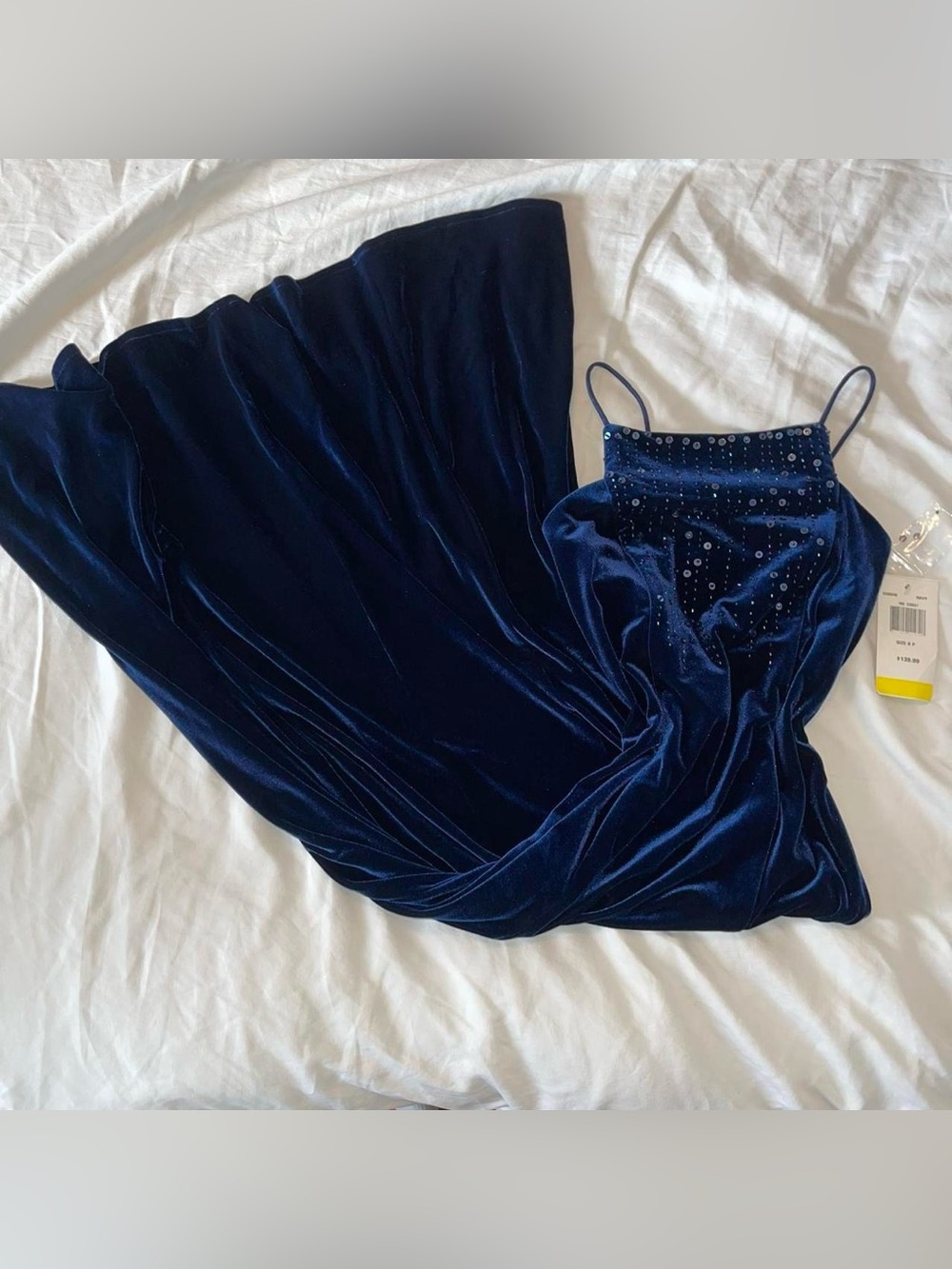 Navy Velvet Spaghetti Strap Dress with Sequin Bodice